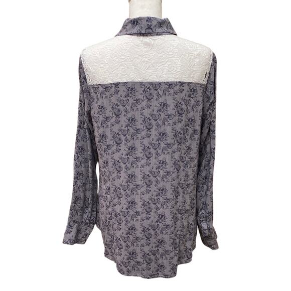 About A Girl Boho Crochet open back button up floral rose print L Pocket Western - Picture 3 of 12